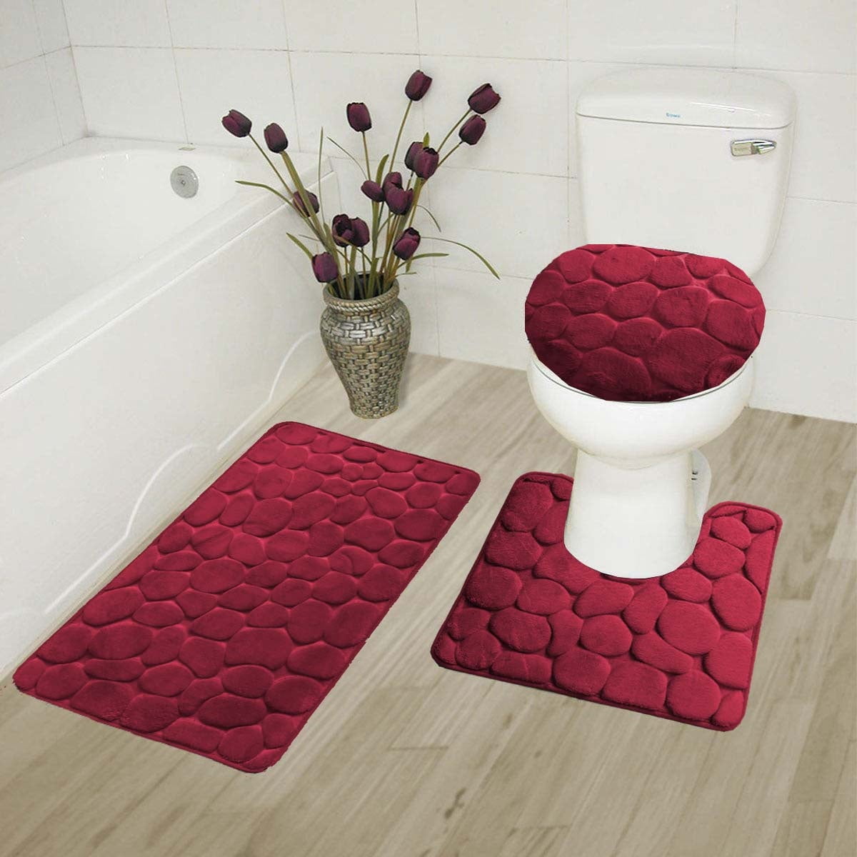 BURGUNDY 3Piece Rock Memory Foam Bathroom Mat Set, Flannel Embossed