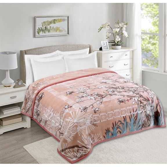 Virtu 9 Lbs Plush Fleece Blanket, 2 Ply Thick Heavy Reversible Raschel Korean Style Warm Bed Blanket, Queen, Peach Floral