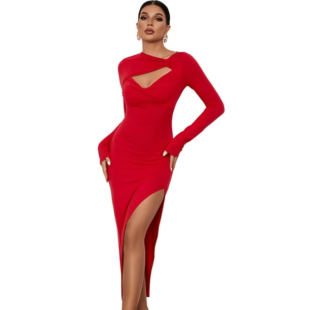 Vestido bodycon de punto de manga larga con corte frontal y abertura lateral para mujer