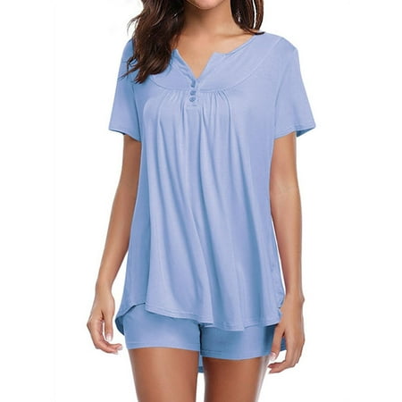 

Women Solid Color V Neck Short Sleeve Button Sleepwear Set