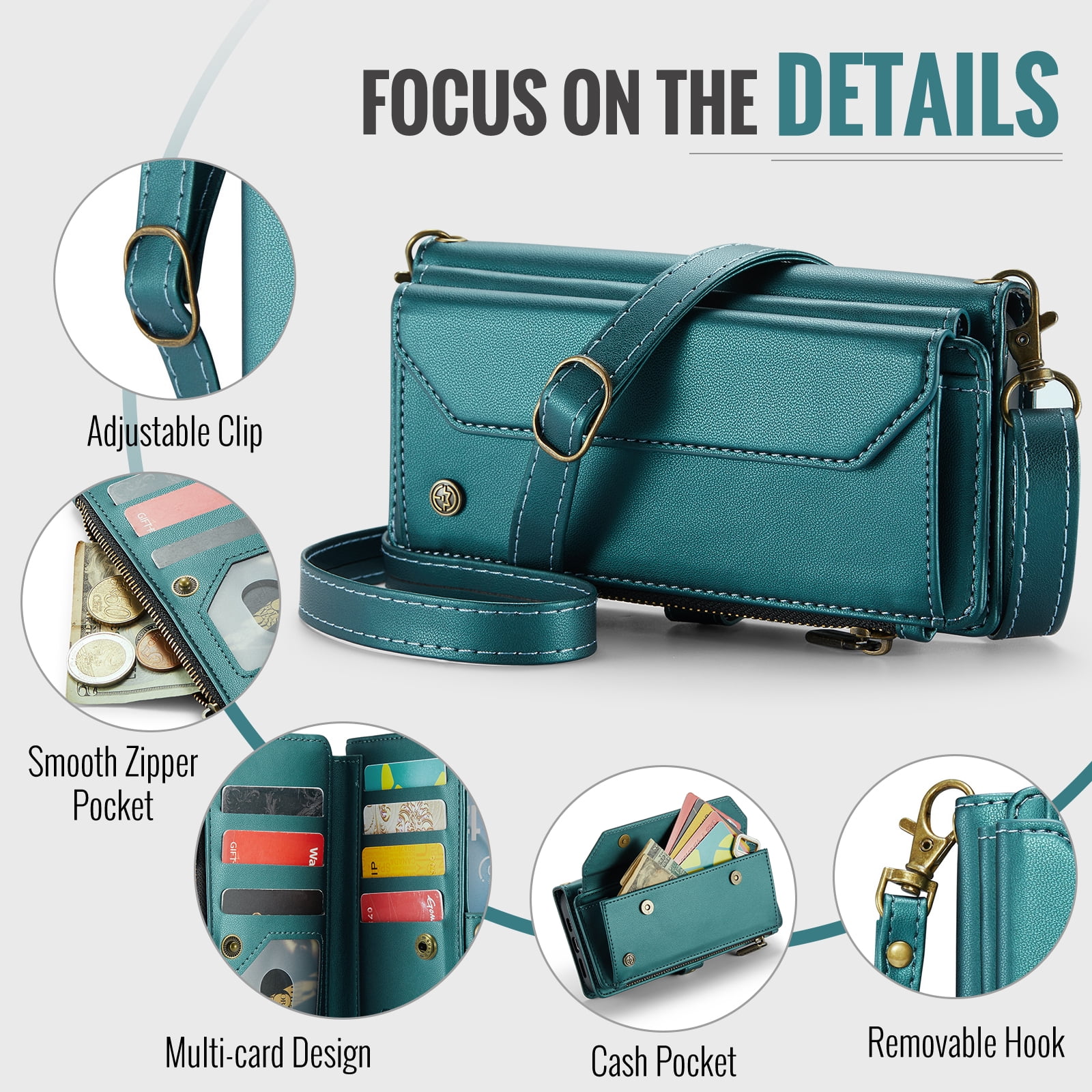 Crossbody for iPhone 13 Case Wallet【RFID Blocking】with 10-Card Holder Zipper Bills Slot, Soft PU Leather Magnetic Shoulder Wrist Strap for iPhone 13 Wallet Case Women, Green