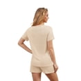 thumbnail image 5 of Qylux Pajamas Set for Women Smmer Ribbed Knit Sleepwear Set Short Sleeve Top and Shorts 2 Piece Lounge Set with Pockets,Apricot,XL, 5 of 9