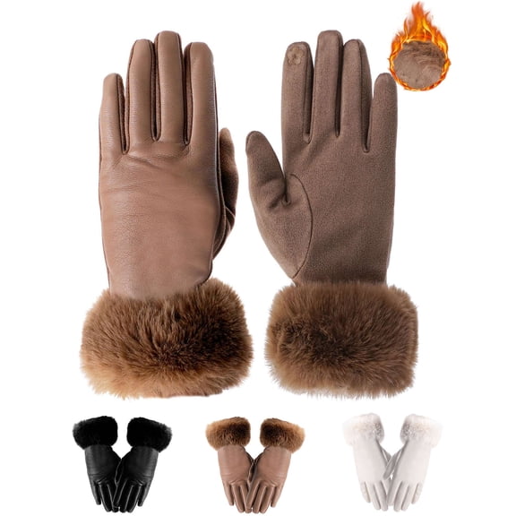 Gustave Women's Winter Gloves PU Leather & Suede Touchscreen Gloves Fleece Lined Warm Driving Gloves with Faux Fur Cuffs for Cold Weather, Khaki
