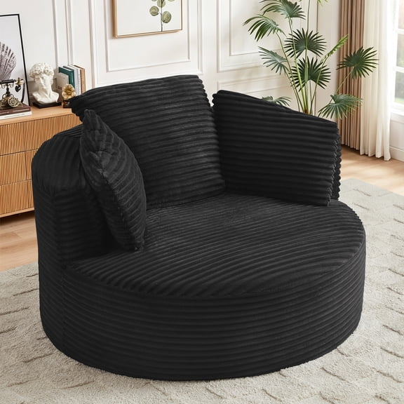 Muumblus 48.8" Oversized Accent Barrel Chair, Fluffy Round Lazy Sofa Chair for Adults, No Assembly Required, Black Corduroy