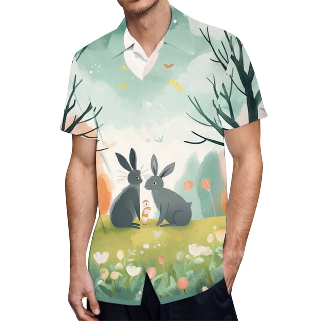 Wyzesi Chemise en Lin Blanc Homme Ajustée Mode Décontractée Festival de Pâques Imprimé Col à Revers Bouton Poche Chemise Haut Chemise Blanche Manches Longues Col