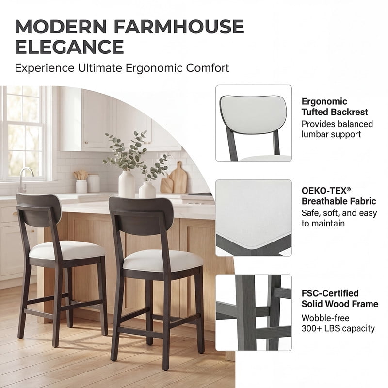 COLAMY Set of 4 Counter Height Bar Stools, Solid Wood Upholstered Barstools with Backrest, Modern Farmhouse Fabric Kitchen Island Stools，Brown