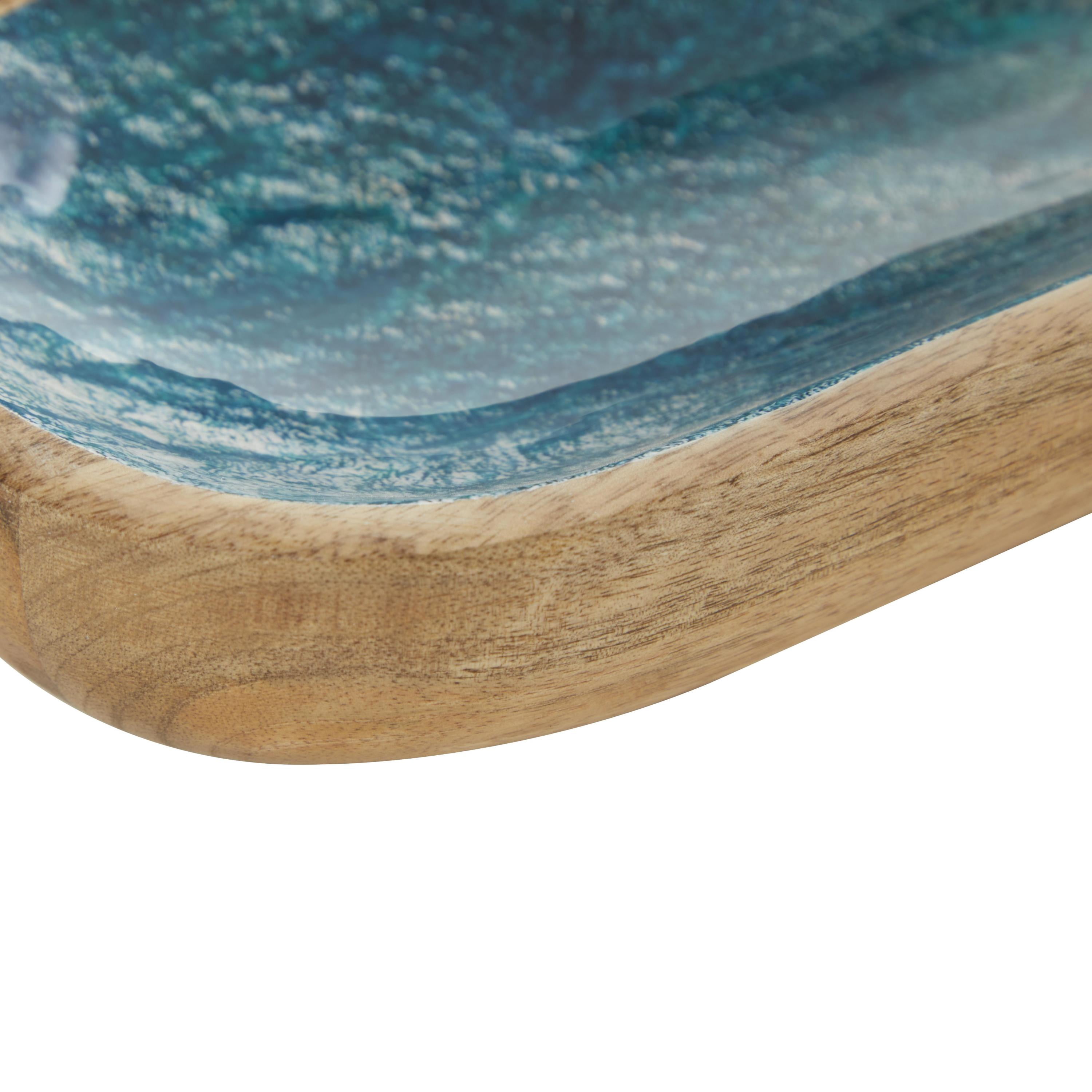 DecMode 16" x 6" Brown Mango Wood Handmade Ocean Inspired Tray with Colorful Enameled Interior, 1-Piece