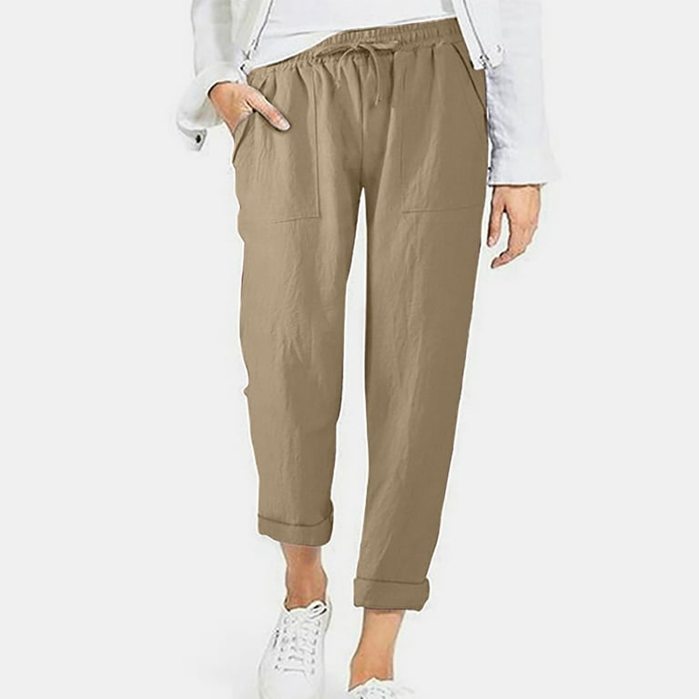 YYDGH Women's Cotton Linen Pants Casual Drawstring Loose Elastic Waist  Beach Trousers with Pockets Khaki 5XL