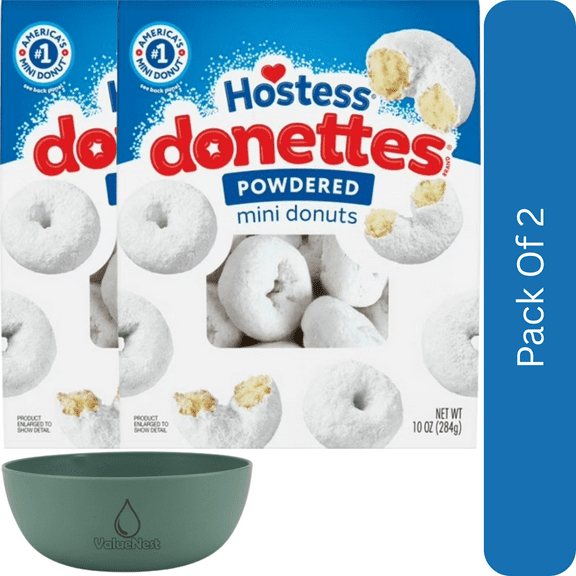 Hostess Donettes Powdered Mini Donuts, 10 oz Bag-2pk, With Olive Green Bowl By ValueNest