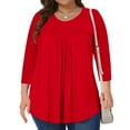 thumbnail image 2 of Wyobmus Women Plus Size Summer 3/4 Sleeve Shirt Solid Color Crew Neck Pleated T-Shirt Loose Fit Flowy Shirt 2025 Fashion Clothes L-5Xl Red, 2 of 6