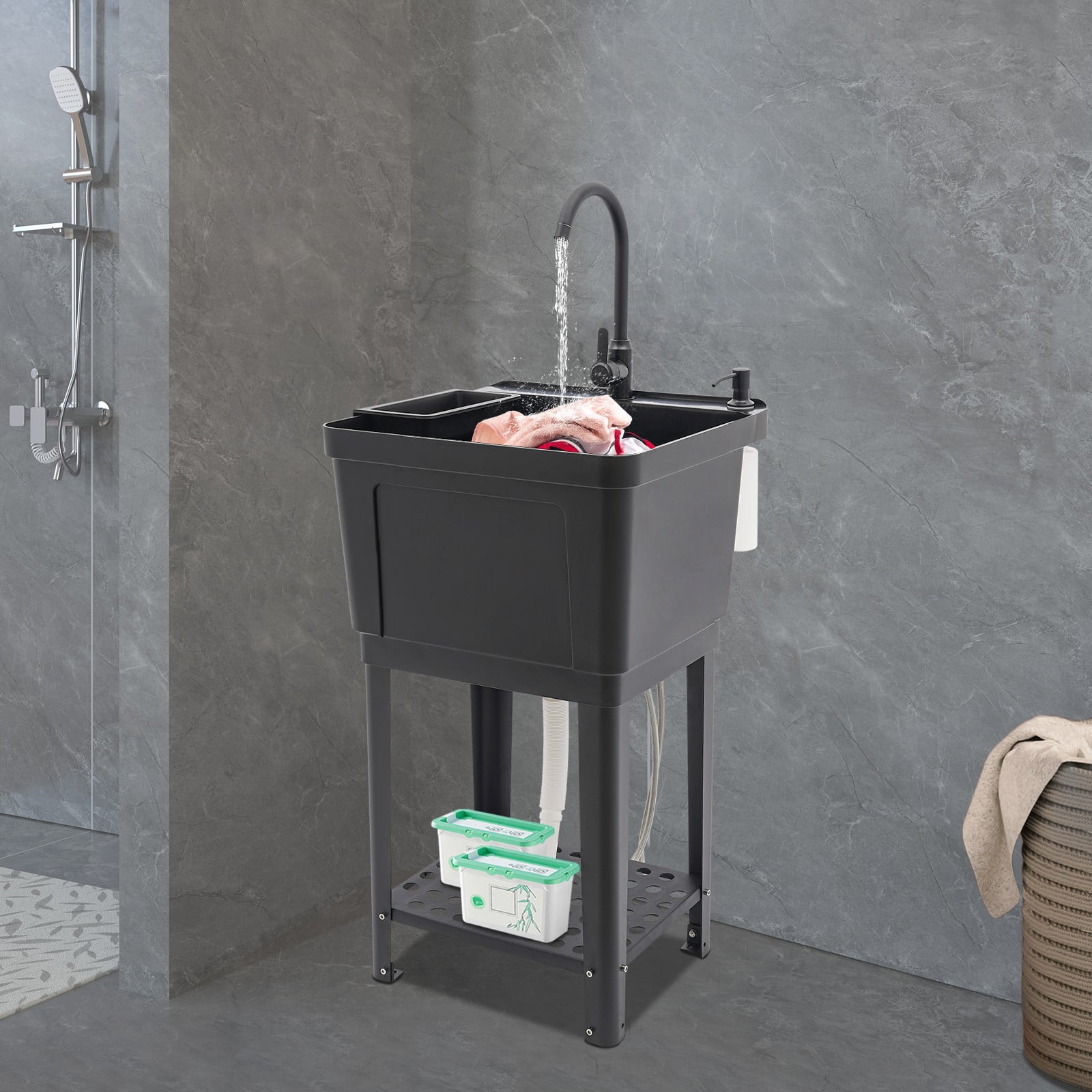 Utility Sink, Freestanding Sink with Storage Shelf with Pull-out Faucet