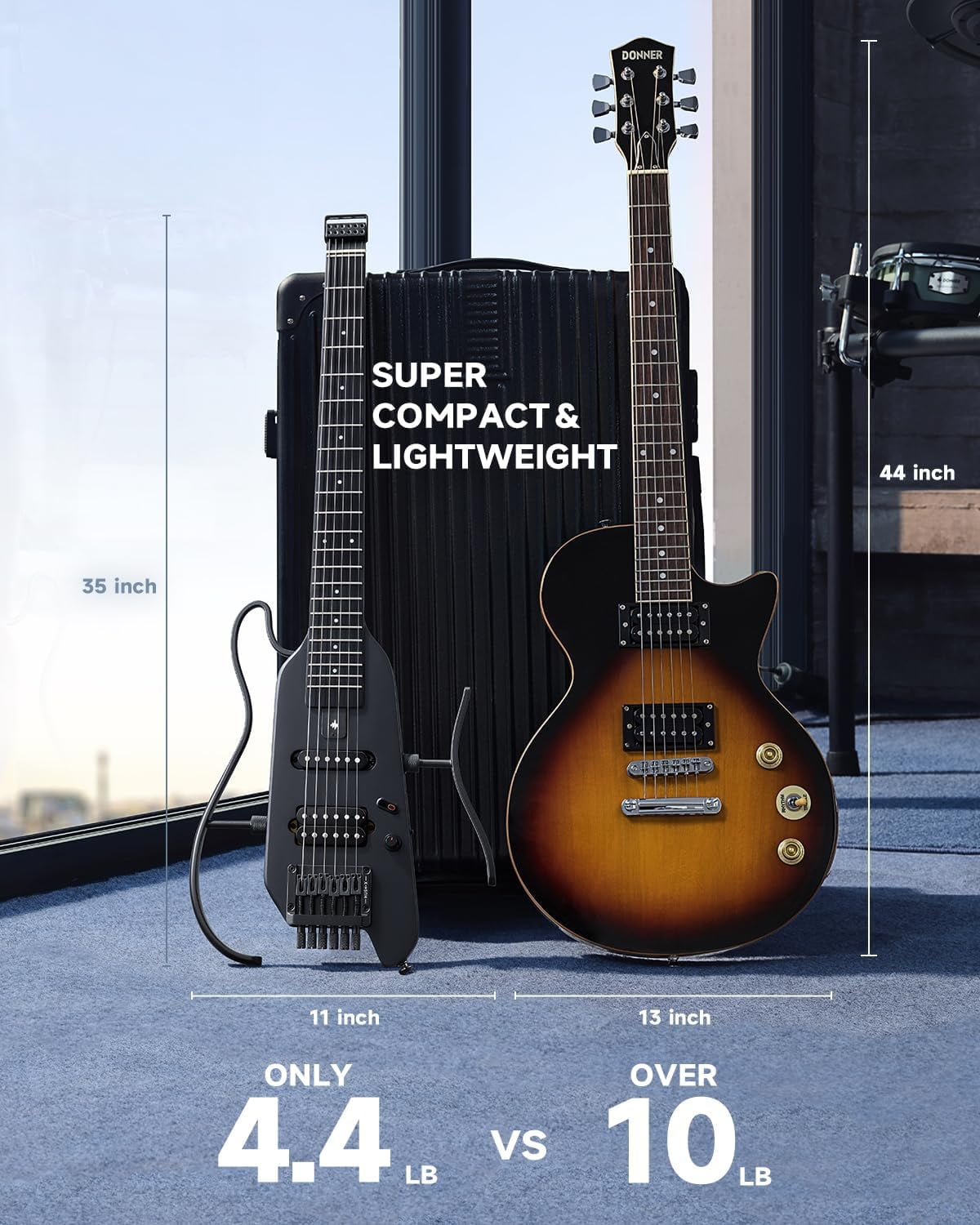 Donner HUSH X Electric Guitar Kit - Featherlight Travel Guitar with Easy Assemble Stands, Great for Travel and Practice, Mahogany Solid Body, Gig Bag, All Accessories, Black