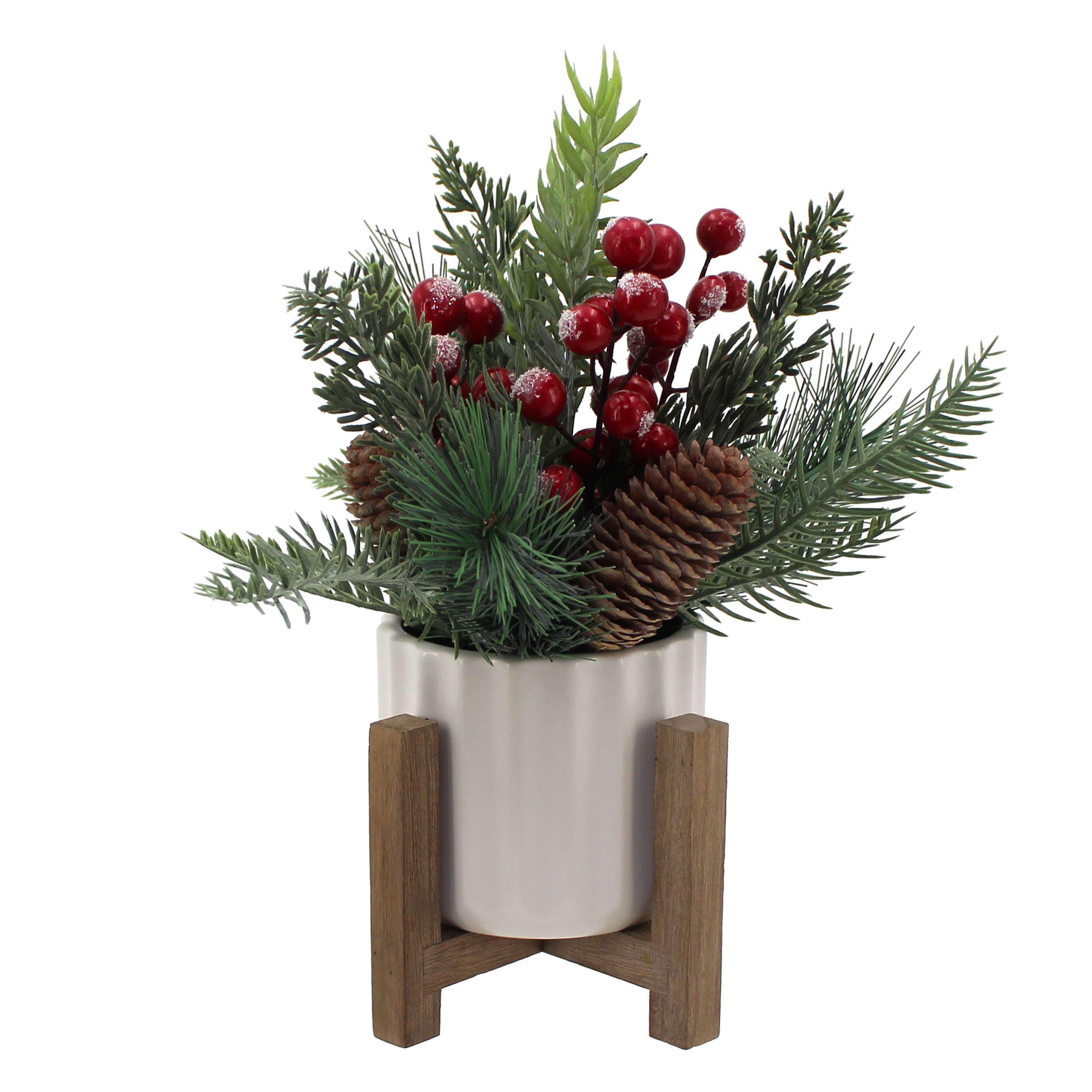 Mainstays 11" Decorative Tabletop Christmas Artificial Tree with Red Berries & Pine in White Ribbed Ceramic Planter on Wooden Stand