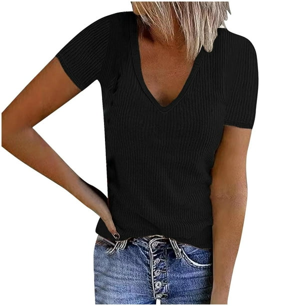 Tops de Color Sólido para las Mujeres, Manga Corta con Cuello en V Suéter Blusa de Moda para Ocasional, Fiesta Y Trabajo