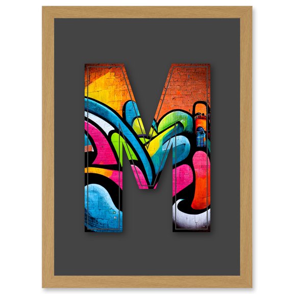 Letter M Tagging Orange Blue Pink Decorative Graffiti Mural Alphabet Initial Stencil Artwork Framed Wall Art Print A4