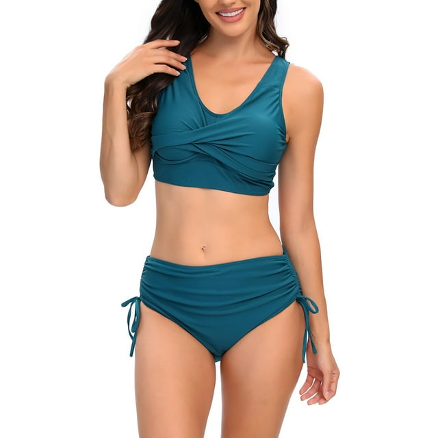 Tungbrin Women's High Waisted Bikini Set 2 Piece Cross Front Swimsuits Side Drawstring Ruched Bikinis Summer Bathing Suits