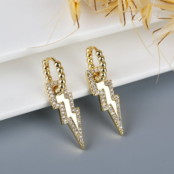 Gold Plated Micro Pave Lightning Bolt, CZ Cubic Zirconia Dangle Drop Earring, Giorgio Bergamo