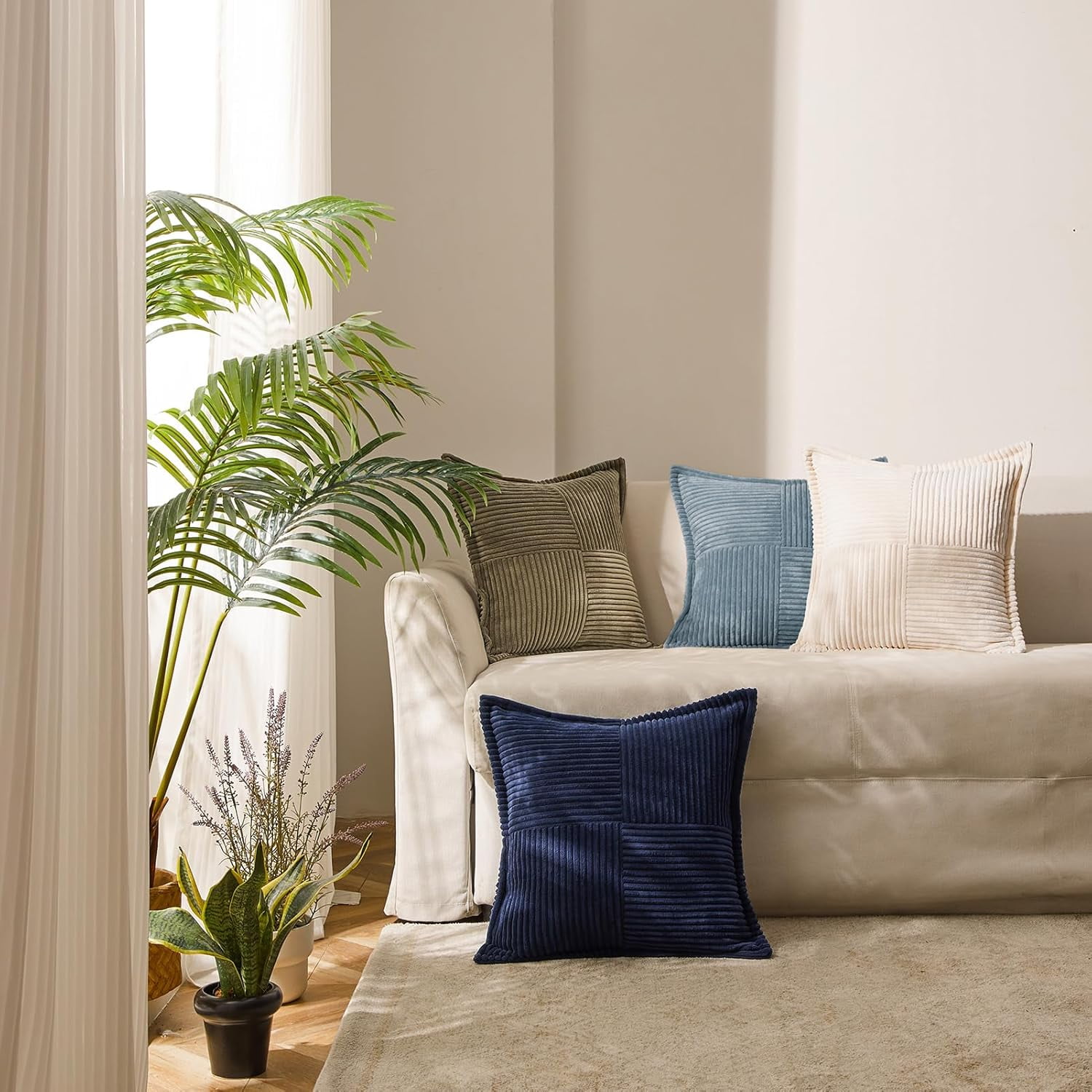 Topfinel 20" x 20" Wide Side Pillowcase,Corduroy Decorative Textured Pillow Cover,Blue,Set of 2