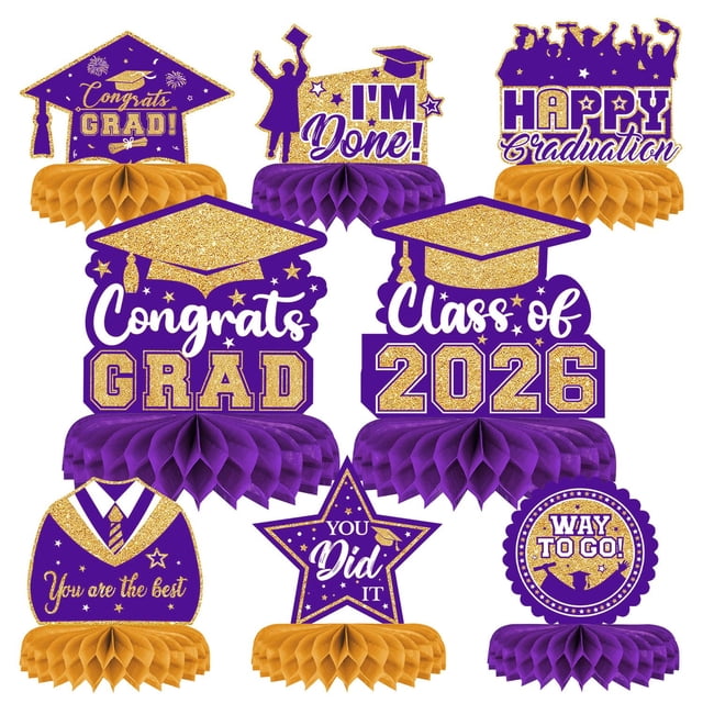 8 Pieces Class of 2025 Graduation Table Decorations - 2025 Congrats Grad Honeycomb Centerpieces Graduations Table Toppers Decor for 2025 Graduation Party Decorations Favor Supplies Purple and Gold