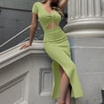 thumbnail image 2 of Vestido informal de verano con cuello en V, vestido liso de manga corta para mujer, vestido largo tejido ahuecado para mujer Pompotops  ghjkhdj16975, 2 of 5