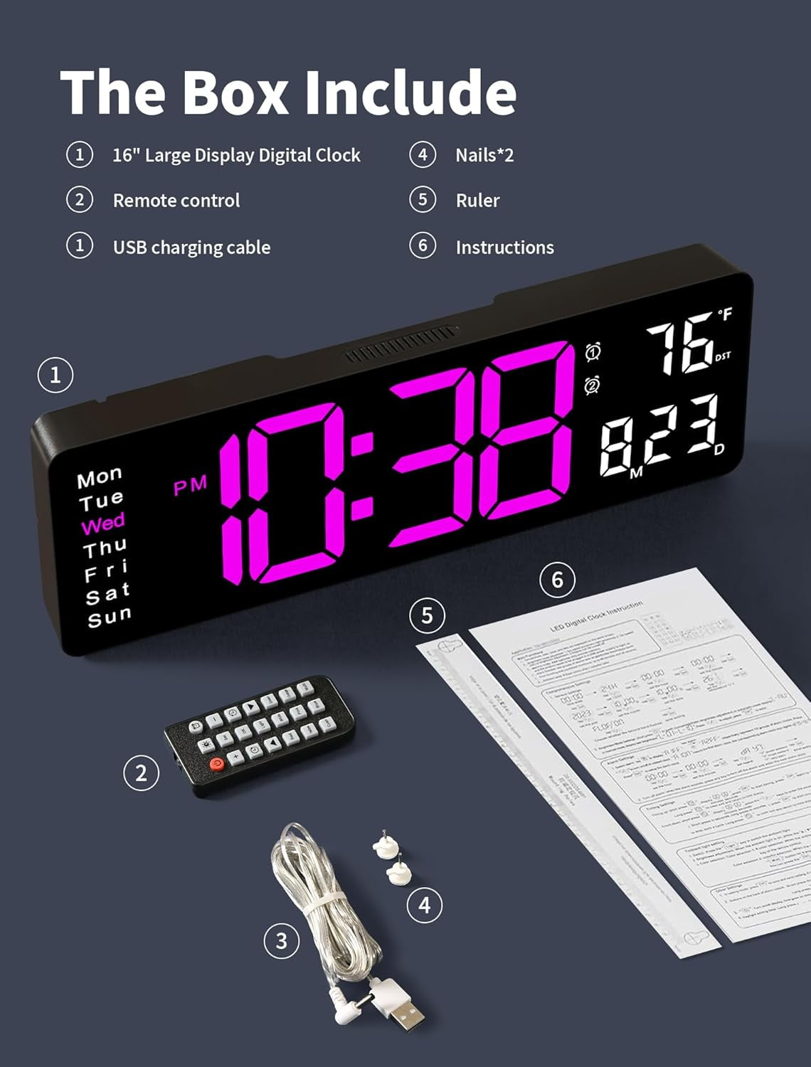 Large Digital Wall Clock with Remote Control, RGB Atmosphere Lights with 11 Scenes Mode, Dual Alarms with Big LED Display, Auto DST, Temperature for Classroom Gaming
