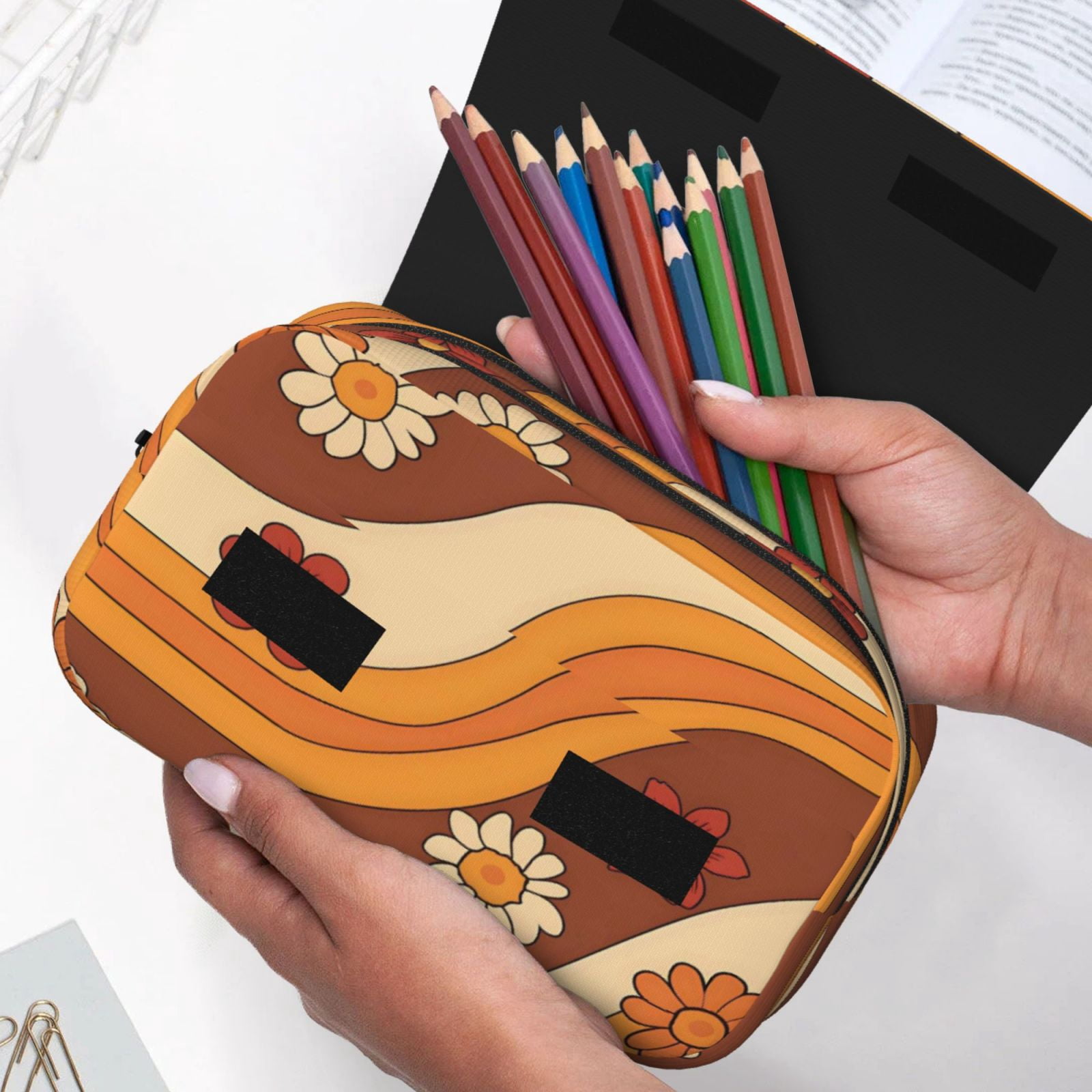 Large-Capacity Flip-Top Double-Layer Pencil Case, Multi-Functional Pocket Pen Case, Durable Stationery Organizer Groovy Flowers (13)