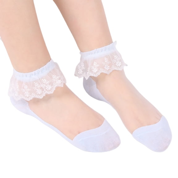 CUZIBR Socks For Women Ballet Dress Ankle Socks Lace Ruffles Solid Short Stockings Splice Transparent Boat Socks Comfy Dailywear,Light Blue,One Size