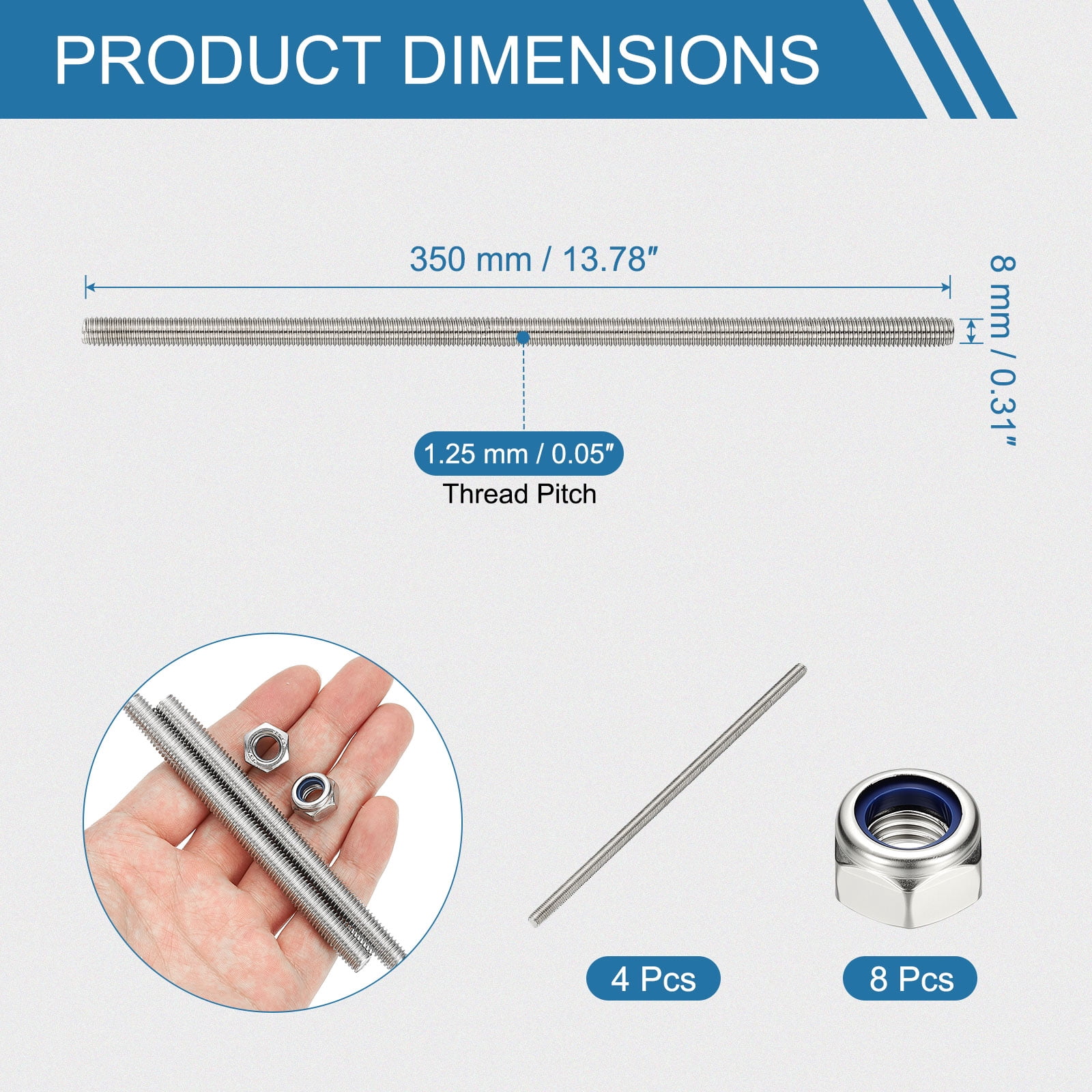 Uxcell Fully Threaded Rod, M8 x 350mm 304 Stainless Steel Right Hand Thread Bar Studs with Nuts, 4 Pcs