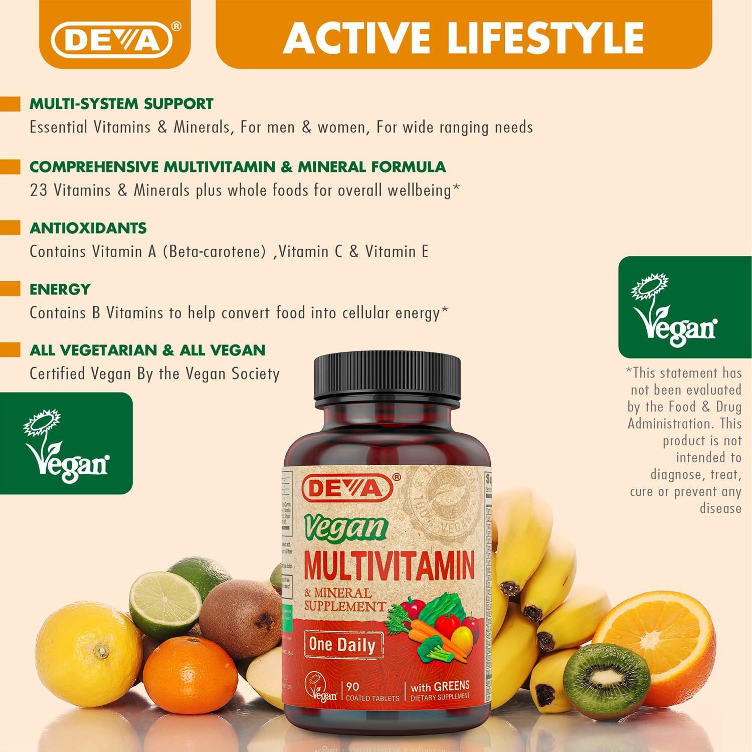 DEVA Vegan Multivitamin & Mineral Supplement with Iron 2-Pack, Spirulina, Chlorella, Ashwagandha, Broccoli & More, 90 Coated Tablets Each