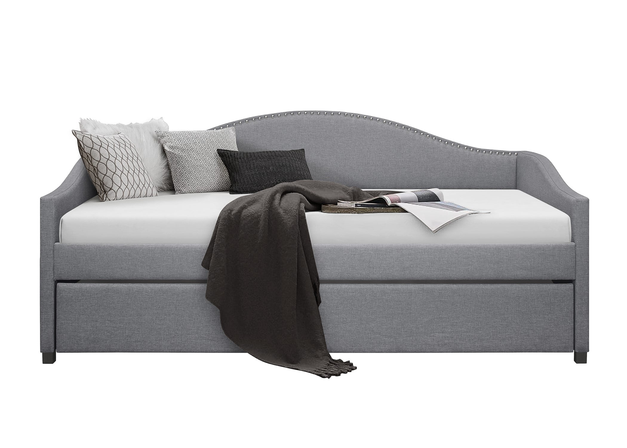 Home Design Clanton Twin Daybed with Pull-Out Trundle, Polyester Upholstery, Nailhead Trim, French Country Design, Stylish and Practical for Living Room or Guest Room, Light Gray