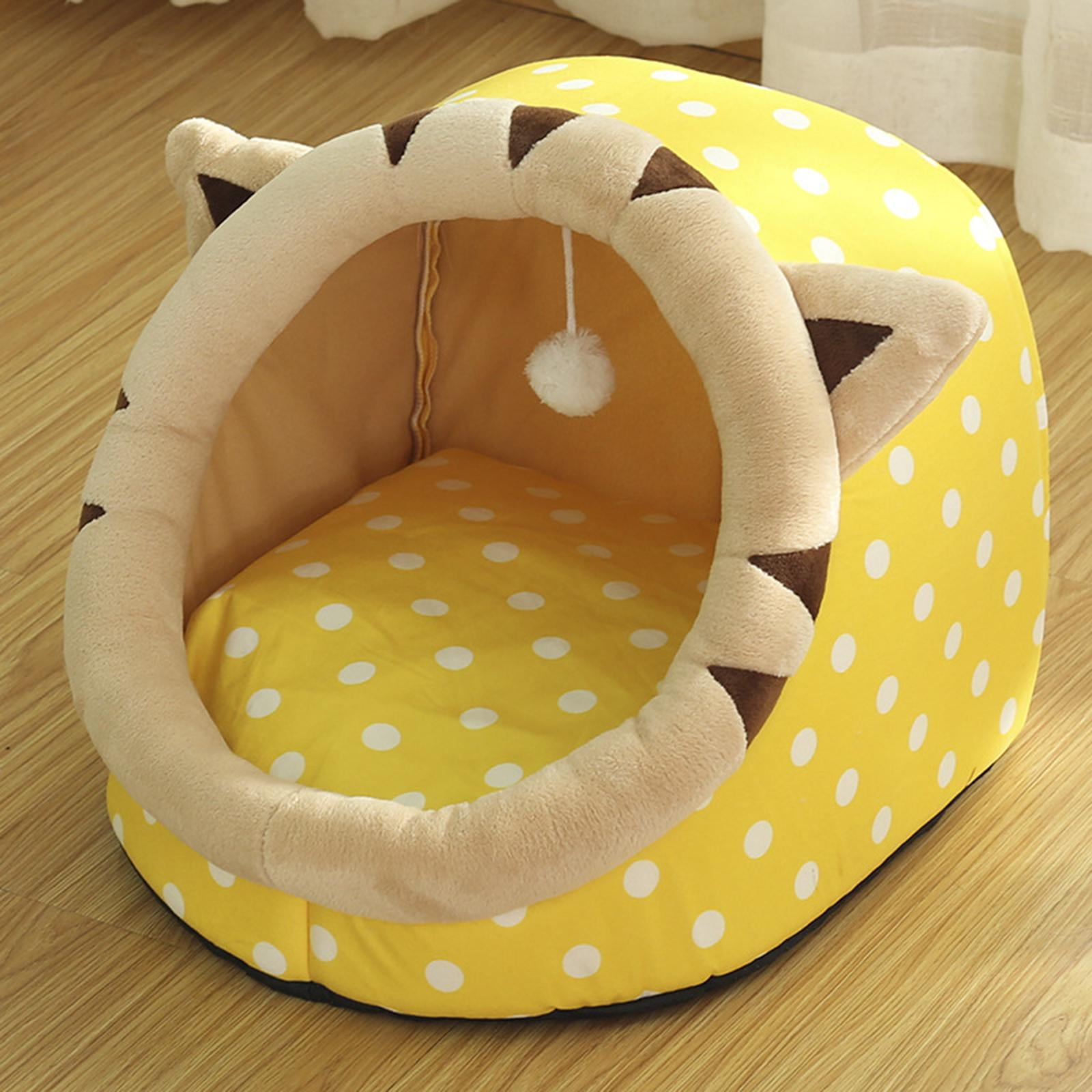 Cute Cave Bed with Ball Slip Bottom Furniture Warm Dog Basket Soft Hideout Portable Pet House Nest for Puppy Indoor Cats Rabbit Kitten , 35x35x31cm Yellow
