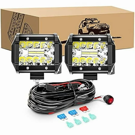 Waywe 2PCS 60W 4 Inch Triple Row LED Pods Flood Light Bar Fog Light Driving Lighting with 16AWG Off Road Wiring Harness-2 Leads for Truck Golf Cart SUV ATV UTV Boat
