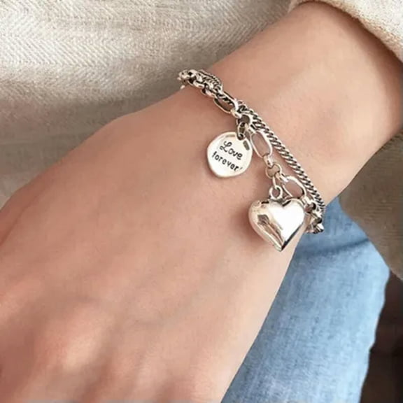 K-KED Vintage 925 Sterling Silver Heart Pendant Chain Bracelet Stylish Bangle