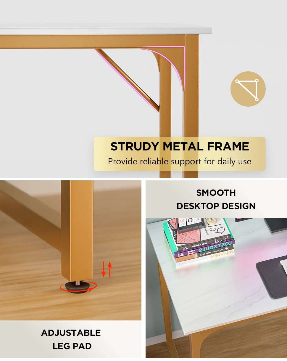 XF XINFENG 40 inch Computer Desk Modern Writing Simple Study Table, Industrial Sturdy Laptop Table for Home Office Floors , Adult Teen Child, White, Gold
