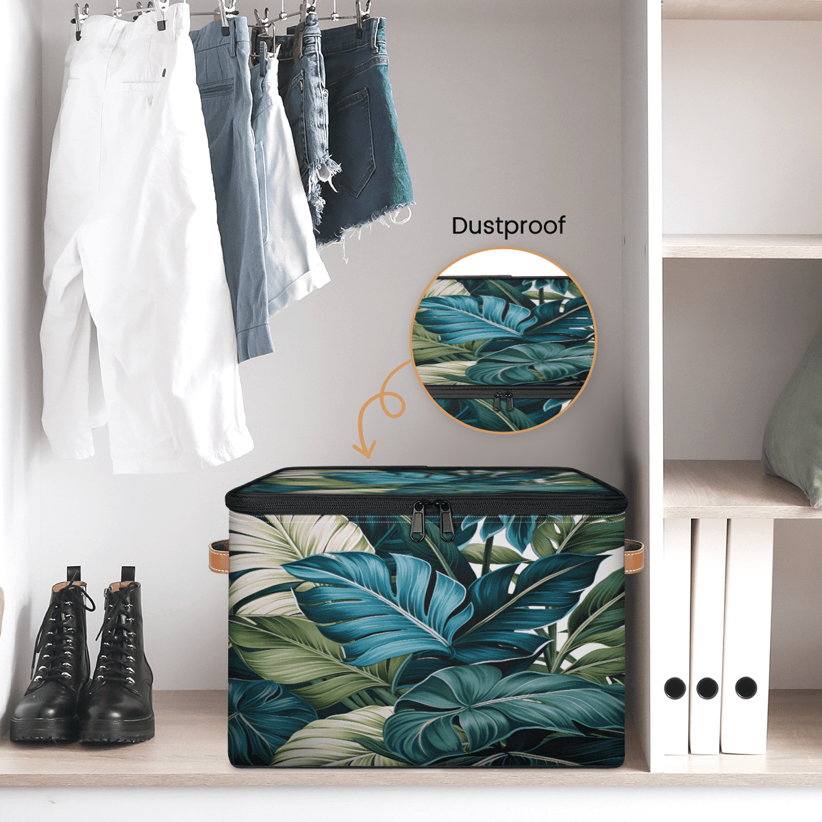 ADECORIVY Blue Green Leaves Storage Bin with Zipper Lid, Fabric Foldable Shelf Baskets Boxes, Closet Lidded Storage Bins, Decorative Clothes Organizer for Bedroom Home