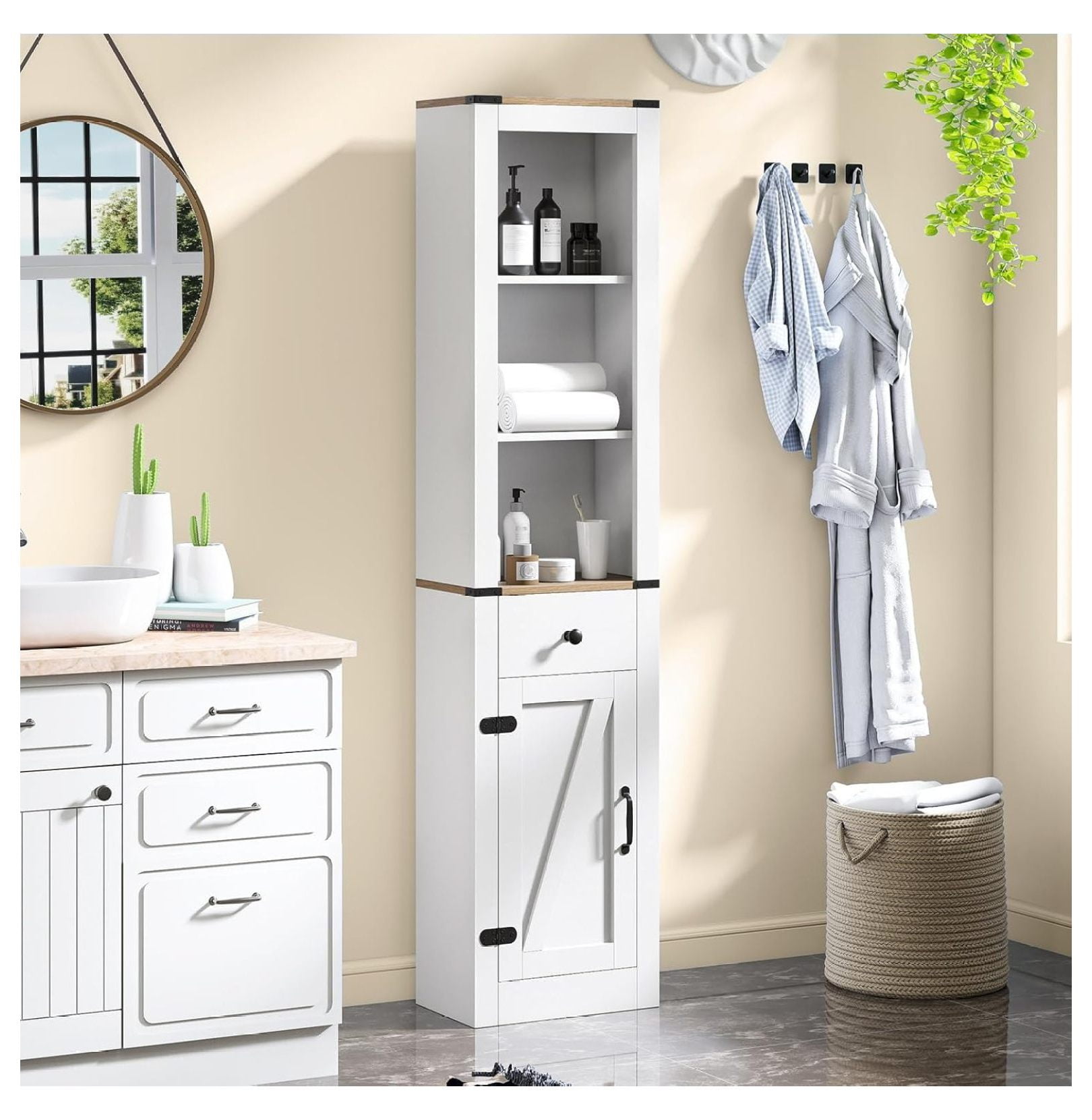 68” Tall Bathroom Cabinet with Barn Door, Narrow Slim Storage Organizer Unit with Drawer & Adjustable Shelf, Rustic Farmhouse Floor Cabinet for Laundry Room, Living Room, Kitchen