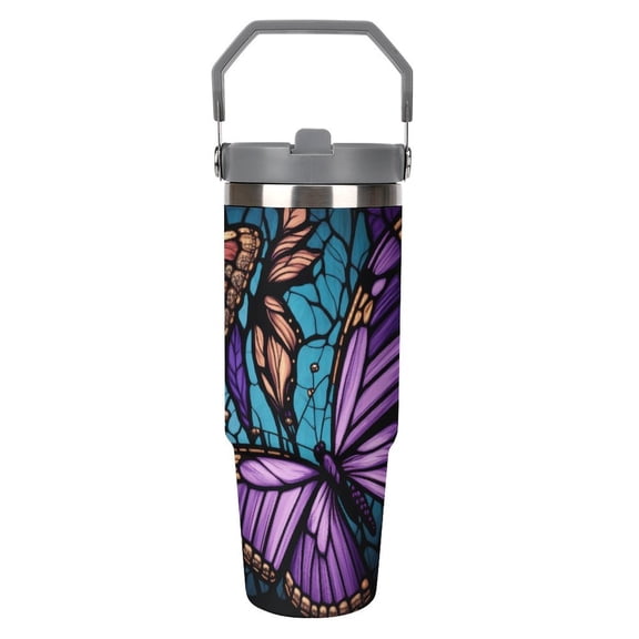 ButterflyPurple StainedGlass 30oz Insulated Stainless Steel Tumbler with Leak-Proof Flip Straw & Ergonomic Handle Car Cup Holder Friendly Travel Mug for Coffee,Iced Drinks,Gym,Office BPA-Free Do