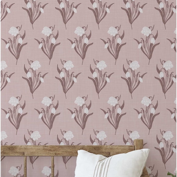 S4sassy Self-Stick Decorative Wallpaper, White Snowdrop Floral Print Wall Paper, Vinyl Waterproof Contact Paper, Pink, 25"x120" inch Removable Renter Friendly Wall Covering For Bedroom, Dining room