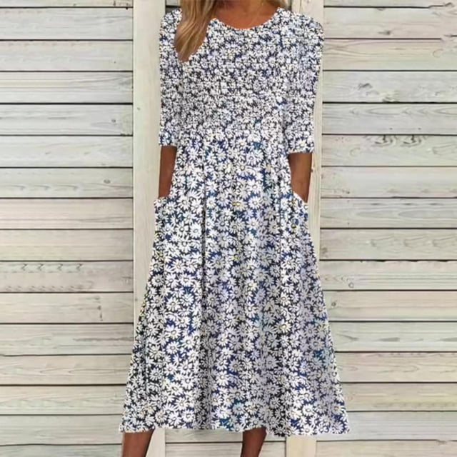 zanvin Clearance Vente Femmes Robes d'Été, Femmes de Mode Quart de Manches Col Rond Poche Impression Dames Robe Longue, Blanc, S