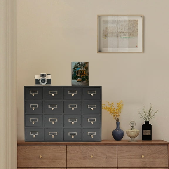 20*3.7*13.8in 16 Drawers Rectangular Black Apothecary Cabinet Rustic Herb Storage Box Wooden Desk Drawer Organizer