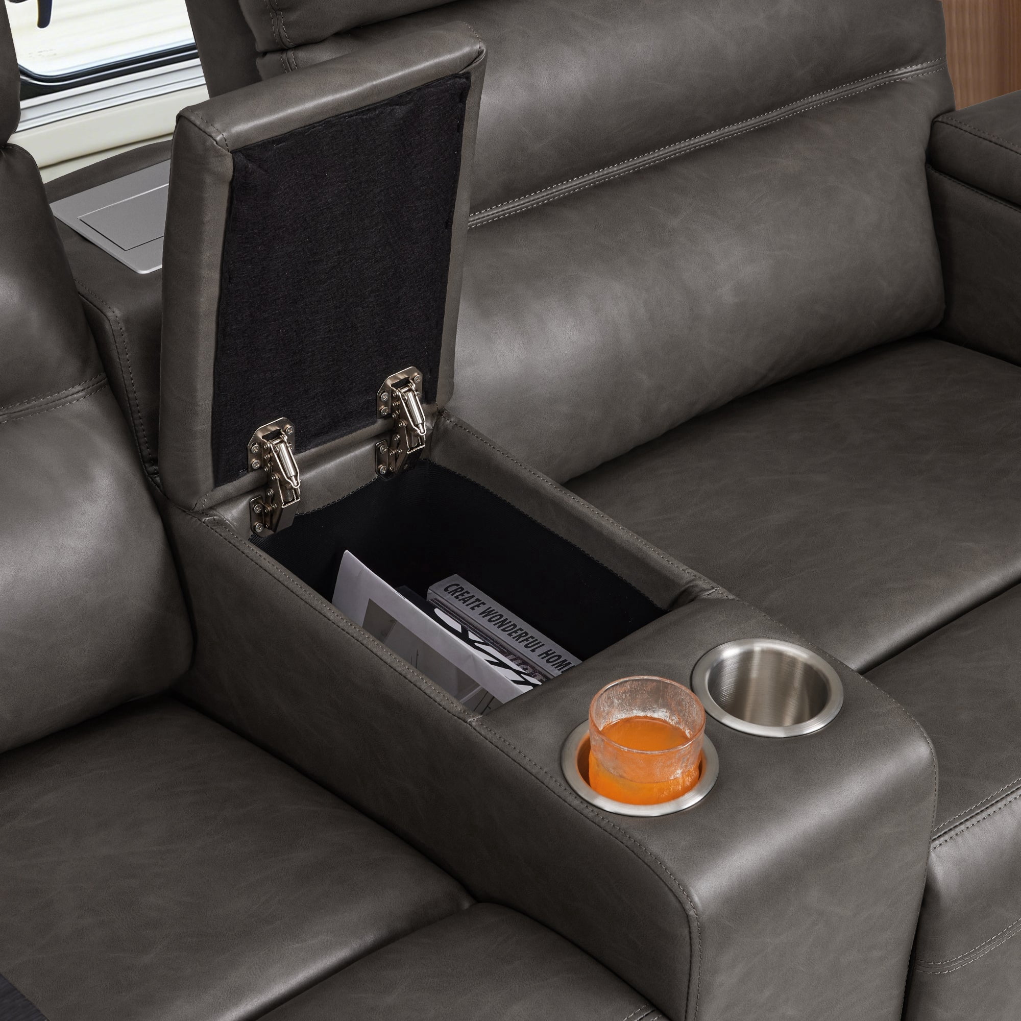 MCombo 73" Wall Hugger Power Loveseat Recliner with Console for Small Spaces, RV, 360° Swivel Tray Table, Armrest Storage, Dark Grey