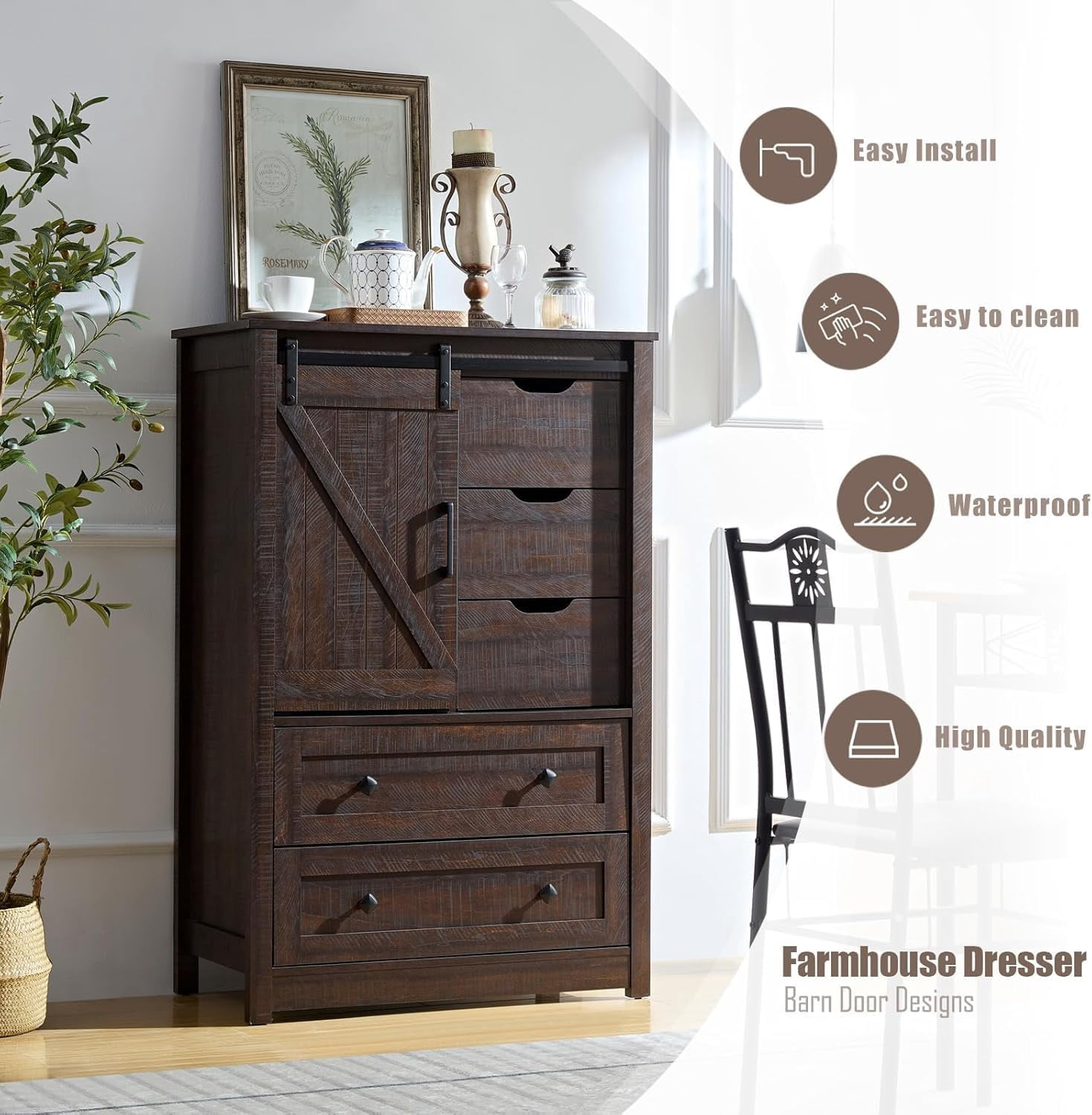 BOSHIRO 5-Drawer Sliding Barn Door Dresser, Espresso Brown Finish, Farmhouse Tall Chest for Bedroom and Living Room