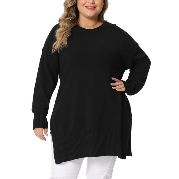 Suéter de mujer plus size Agnes Orinda, cuello redondo, mangas largas, con aberturas laterales, suéter de punto oversized 3X negro