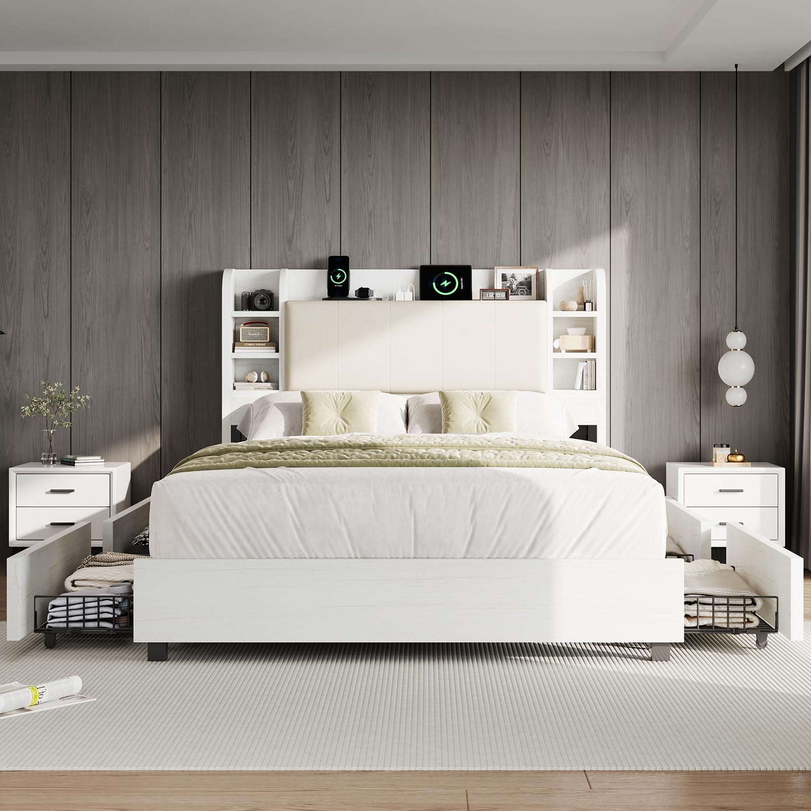 Amerlife Queen Size Bed Frame with Drawers,Upholstered Bookcase Headboard and Charging Station,White