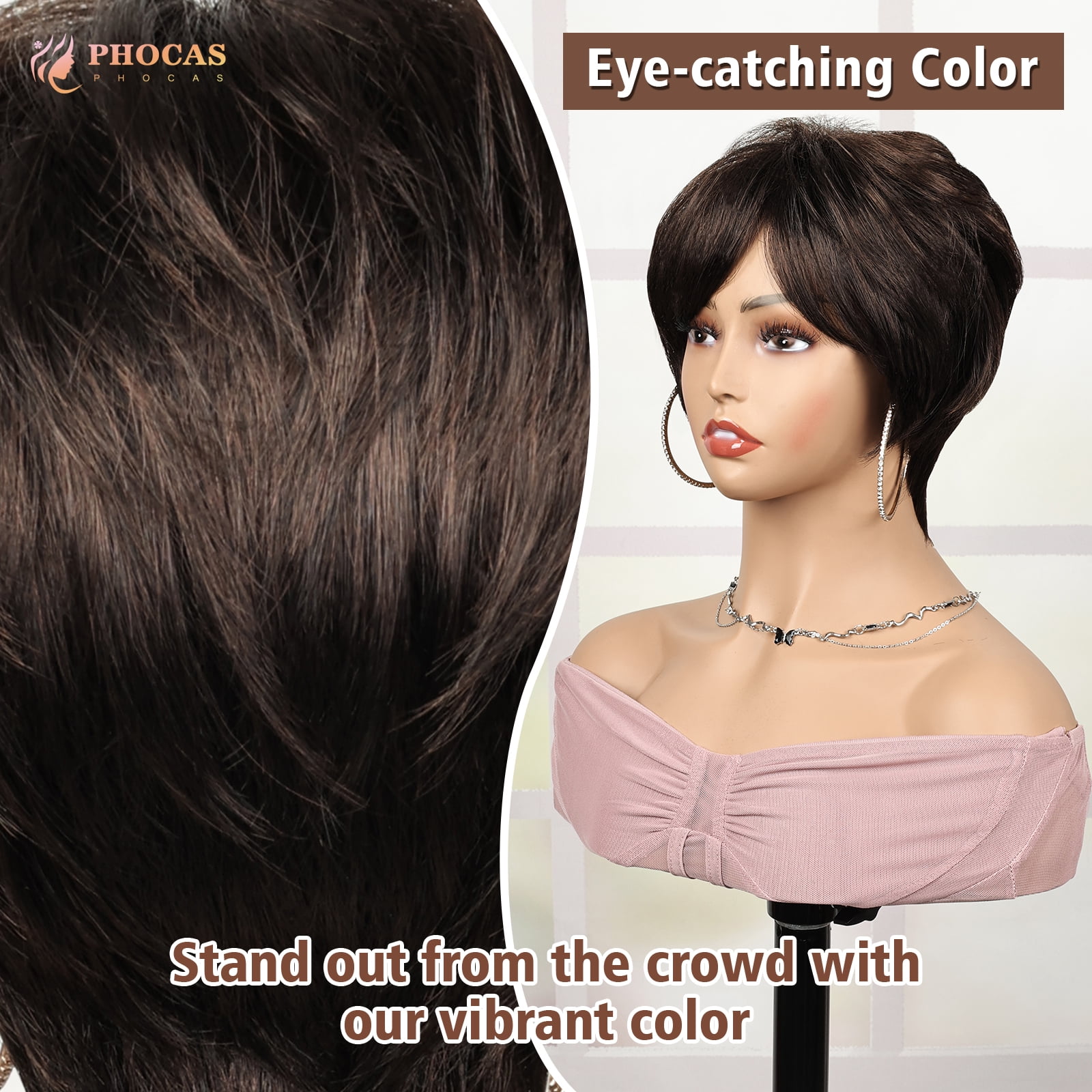 PHOCAS Black Cherry Short Pixie Wigs for Women Synthetic Black Short Wigs with Bangs Wefted Wig Caps