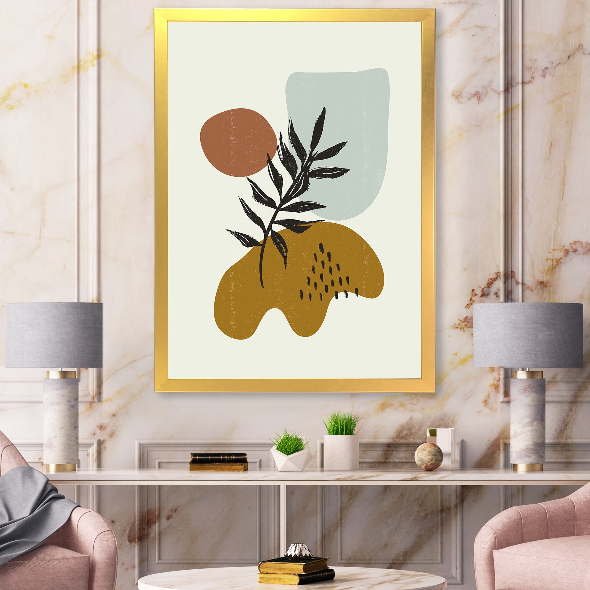 Designart 'Abstract Shapes With Botanical Minimalist Leaf II' Modern Framed Art Print