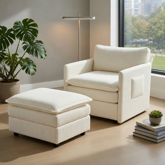 Resenkos Oversized Accent Chair & Ottoman Set with Plush Corduroy Cushions, Beige