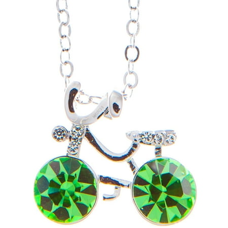 Rhodium Plated Necklace with Bicycle Design with a 16 Extendable Chain and High Quality Olive Green Crystals by Matashi