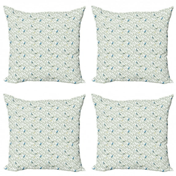 Ambesonne Birds Throw Pillow Cover 4 Pack, Thin Leafy Branches Berries, 16", Reseda Green Multicolor