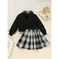 thumbnail image 2 of MORTTIC Toddler Girls' College Style Two-piece Set Kids Long Sleeved Lapel Letter Printed Top And Plaid Pleated Skirt Outfits, 2 of 7